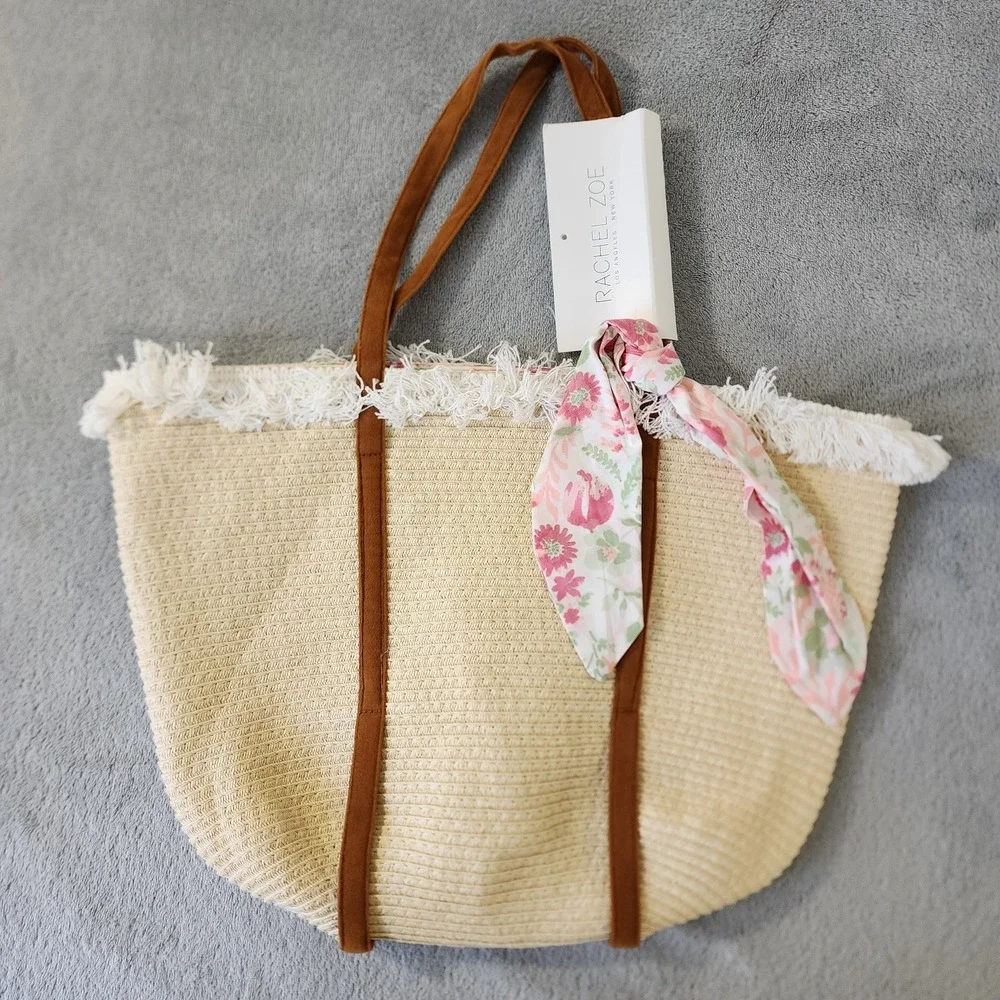 Rachel Zoe Bag Woven Raffia With Pink Floral Tie and Fringe Detail on Top